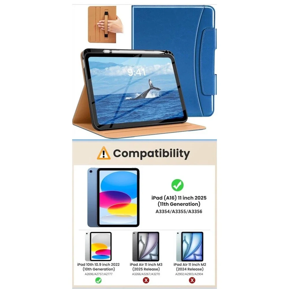 MoKo Case for iPad (A16) 11th iPad 11/10th Gen Blue Leather Pencil Holder Pocket